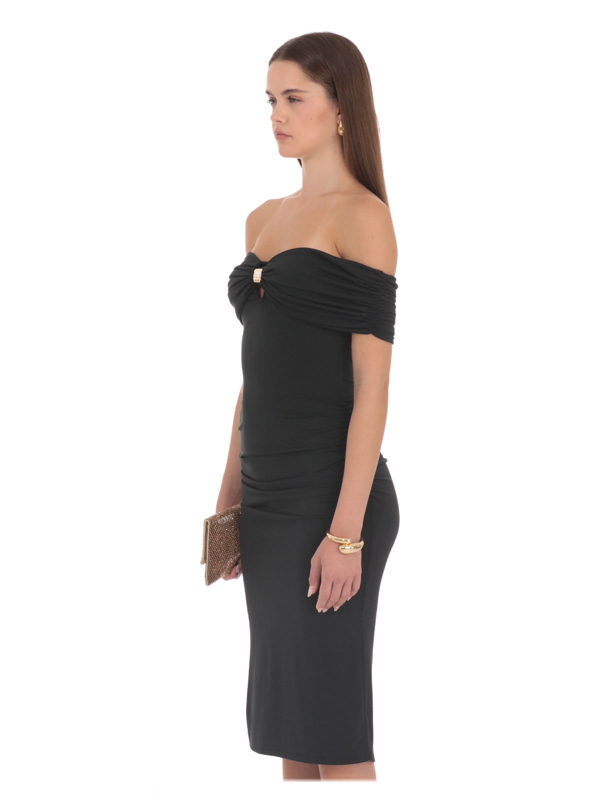 Black bridesmaid dress with ruched detailing