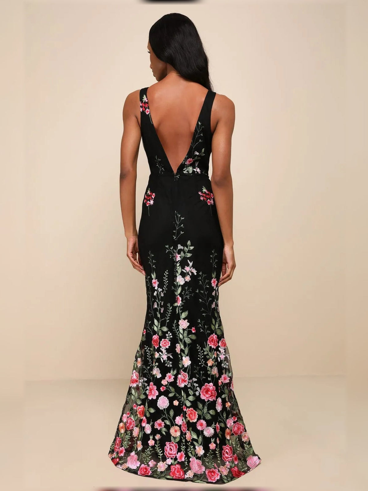 Black floral print V-neck sheath dress, open-back with floor-length skirt