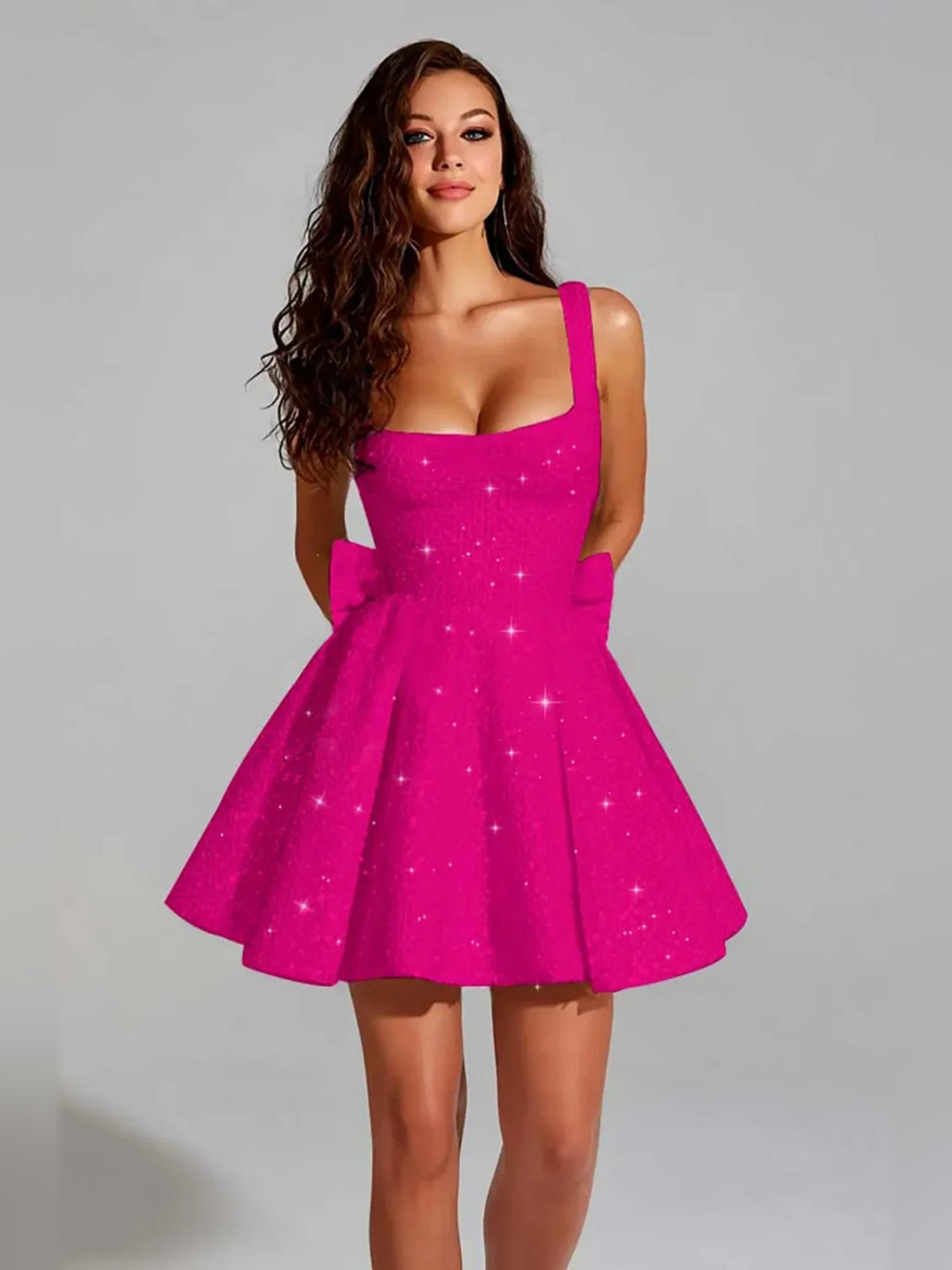 Fuchsia sequin square-neck A-line mini dress with sleeveless flared skirt
