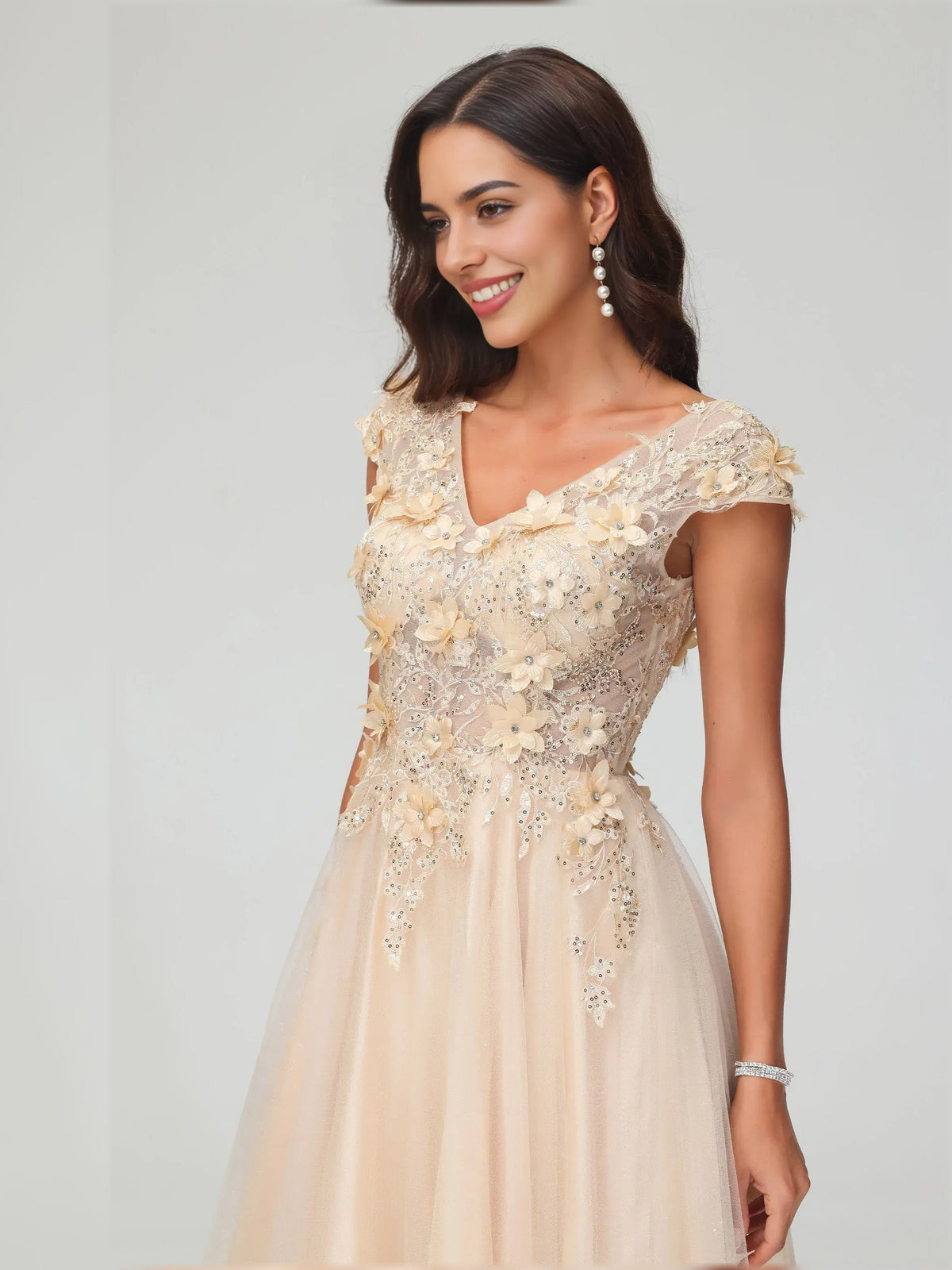 Champagne floral appliqué V-neck floor-length formal dress