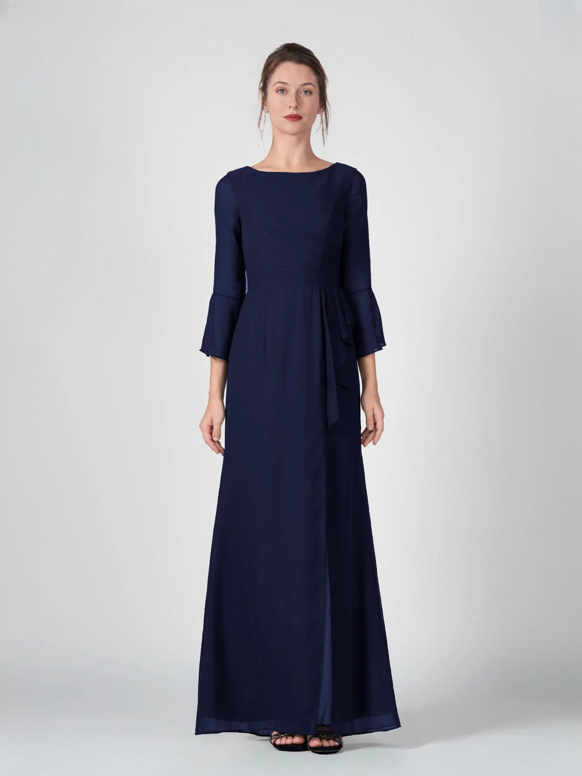Dark navy chiffon bridesmaid dress with ruched waist and side slit, boat neck