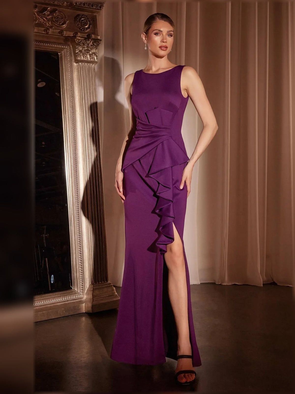 Deep purple ruffled mermaid formal dress with tiered ruffle skirt and side slit