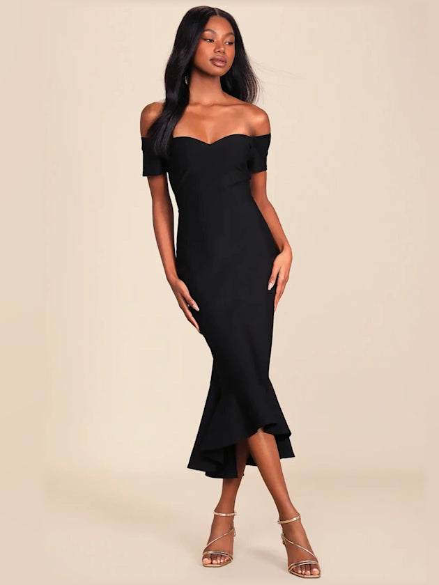 Off-shoulder midi formal dress in black, fitted silhouette with flared midi skirt