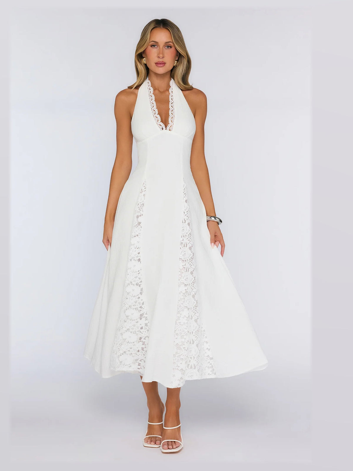 White formal dress with embroidered detailing