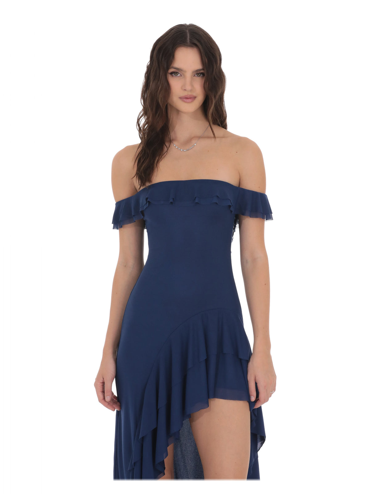 Blue bridesmaid dress with ruffled detailing