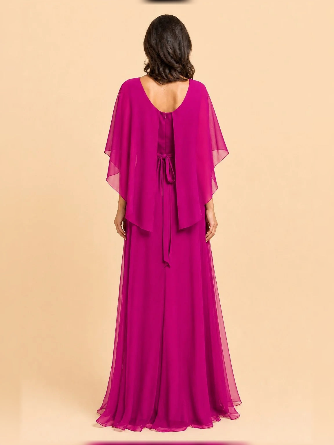 Hot pink floor-length pleated A-line dress with draped cape back