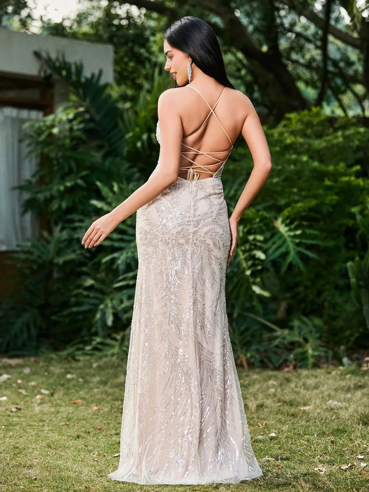Cream beaded maxi formal dress with V-back and crisscross lace-up straps