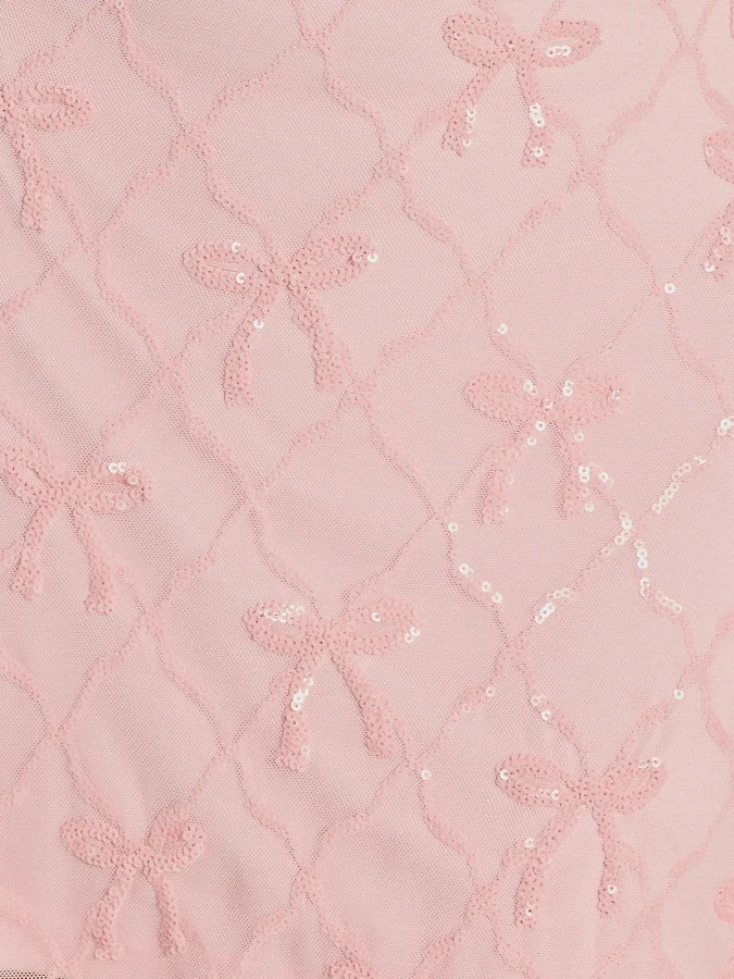 Pink sequin floral embellishment on mesh fabric