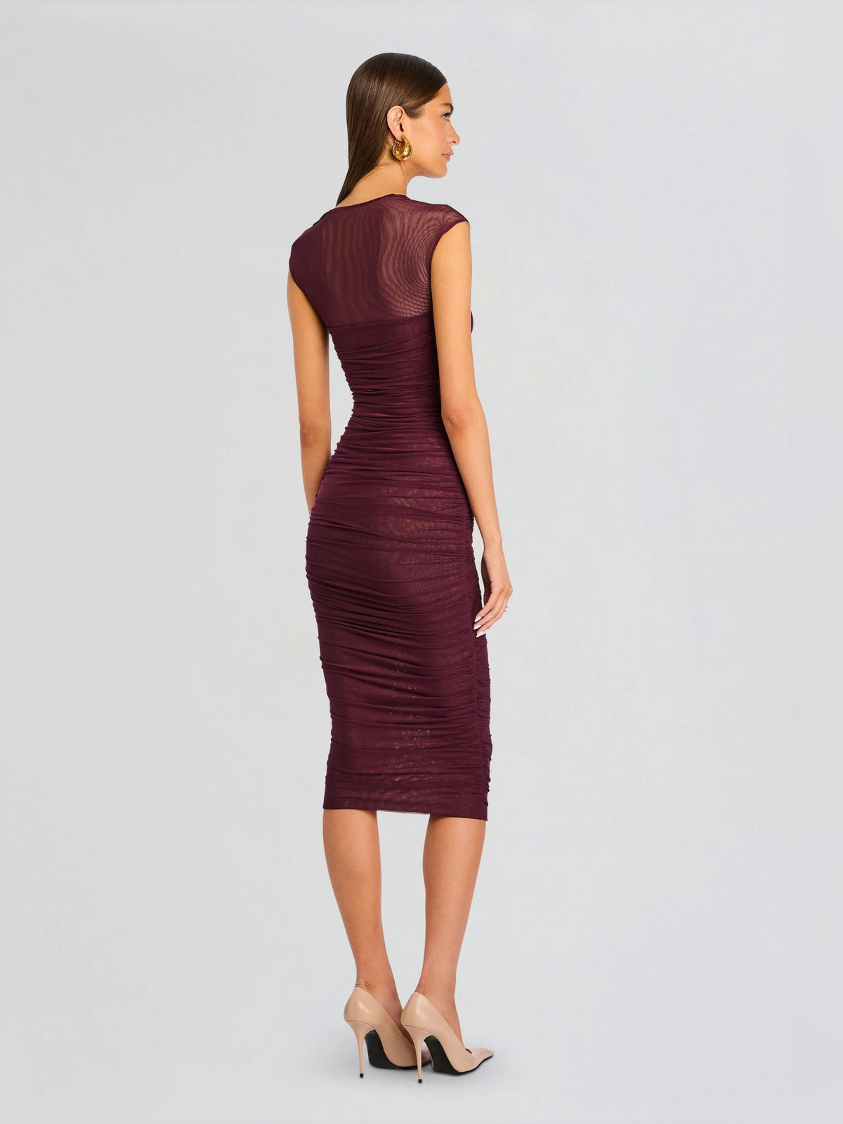 Ruched dark purple mesh midi dress with sleeveless back mesh panel, fitted sheath