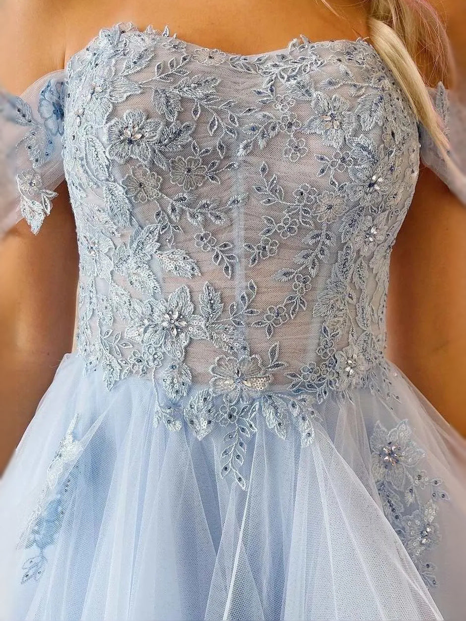 Sky blue embroidered lace bodice with off-shoulder sleeves on tulle prom dress