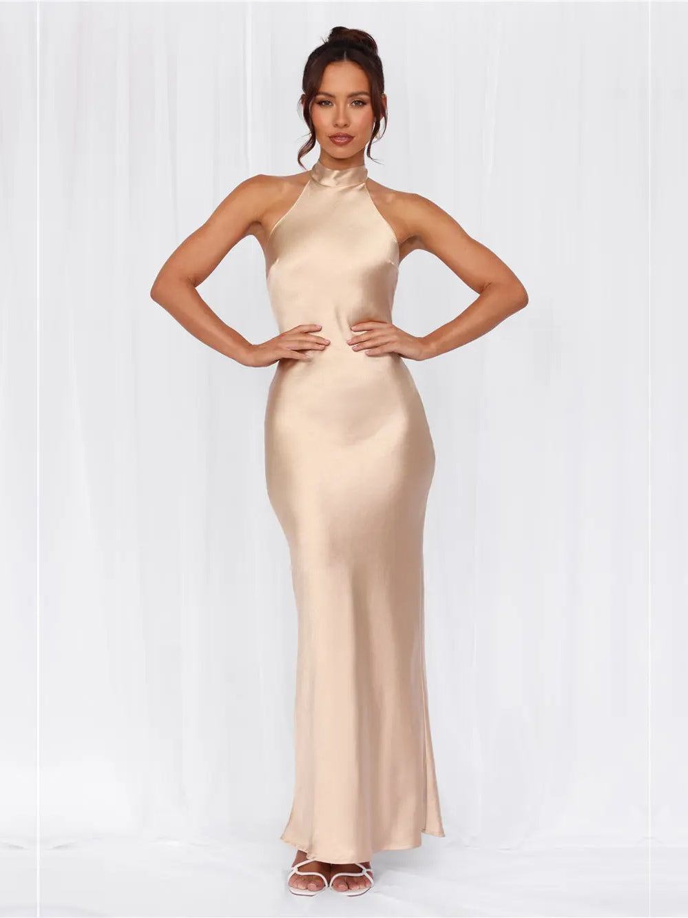 Champagne sheath maxi formal dress with halter neckline, alternate view showing the waist