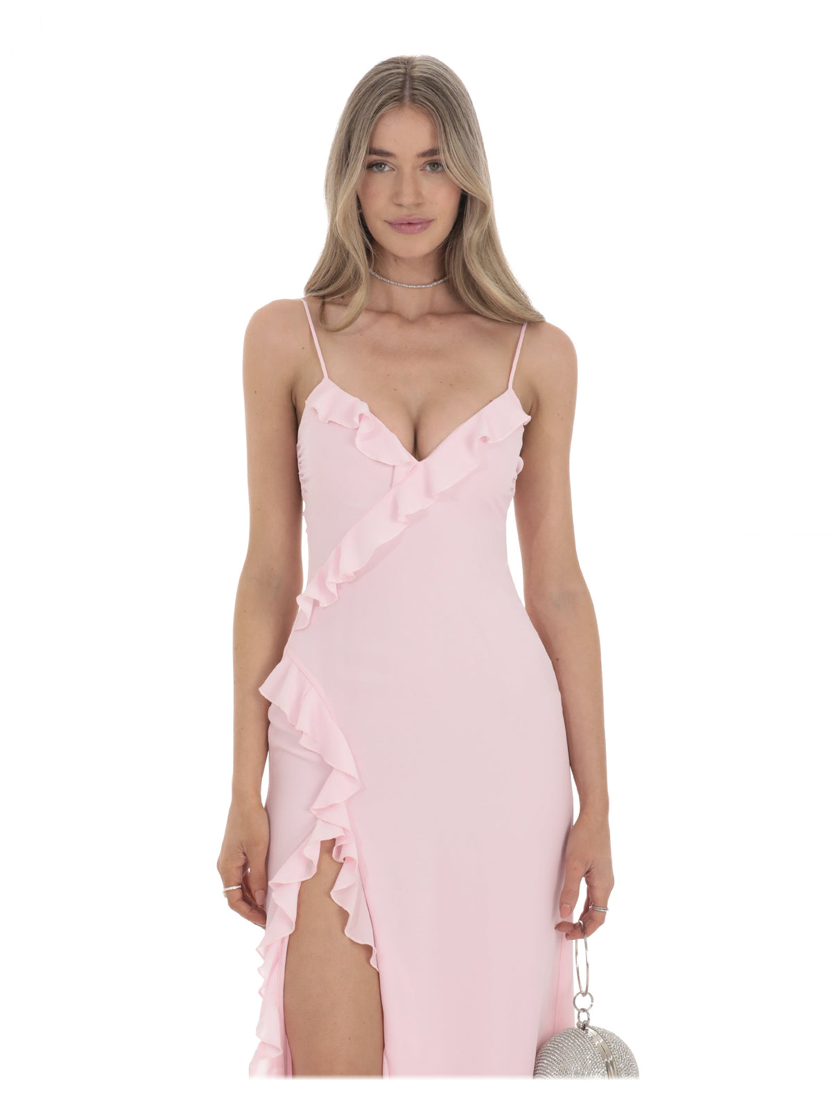 Pink bridesmaid dress with ruffled detailing