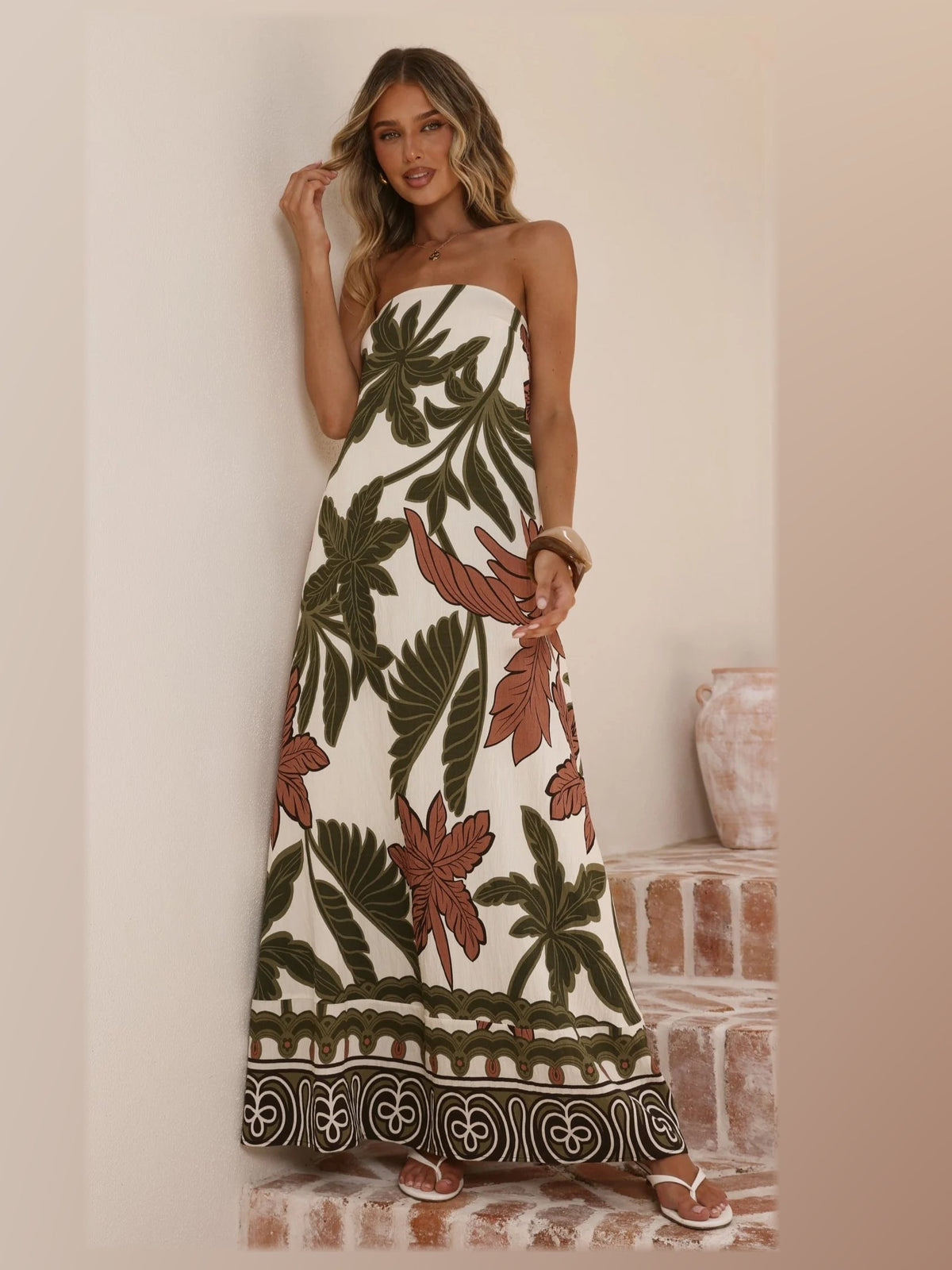 Beige maxi formal dress, alternate full-length view showing the skirt