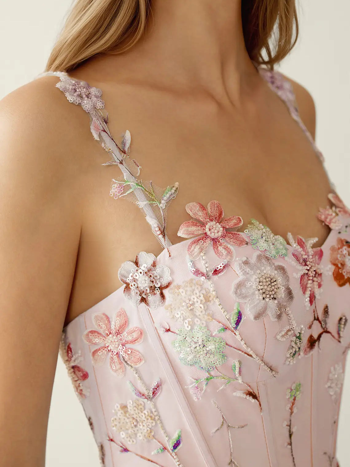 Blush pink sequin floral embroidered back bodice with thin shoulder straps
