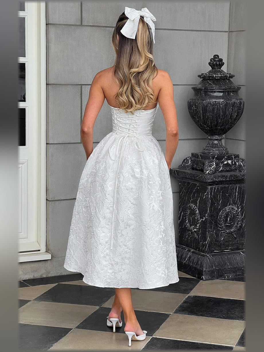Ivory strapless corset midi dress with ruched bodice and full gathered skirt