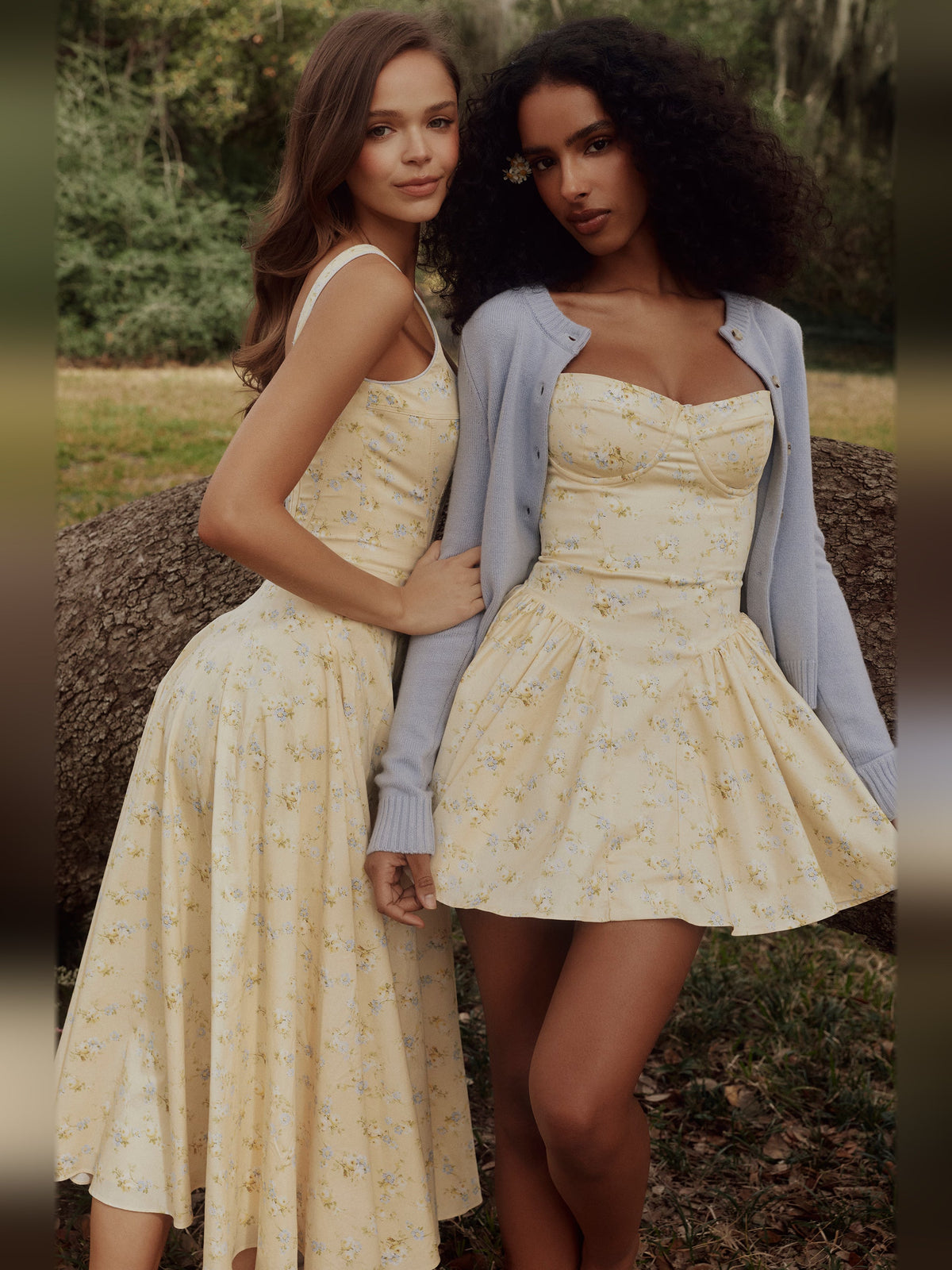 Floral mini corset dress with sweetheart neckline and gathered waist, front side view