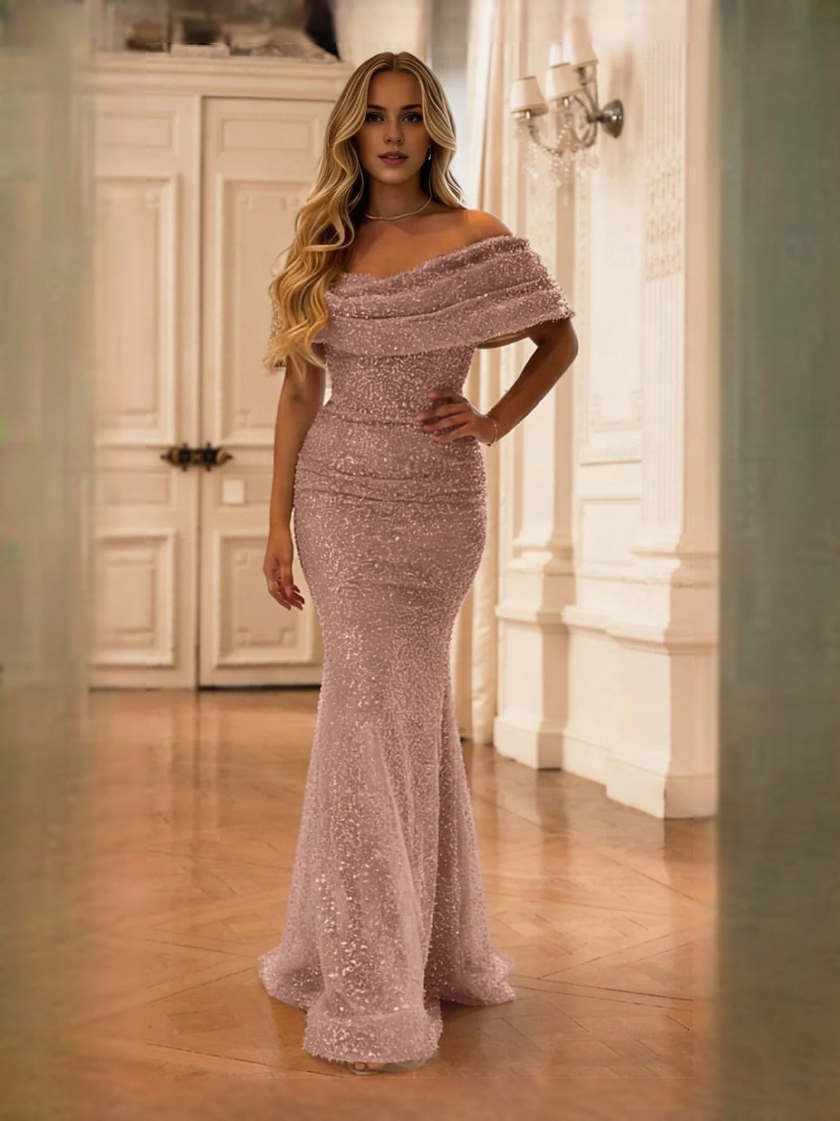 Blush pink off-shoulder ruched mermaid maxi dress with ruffled neckline and sparkle tulle