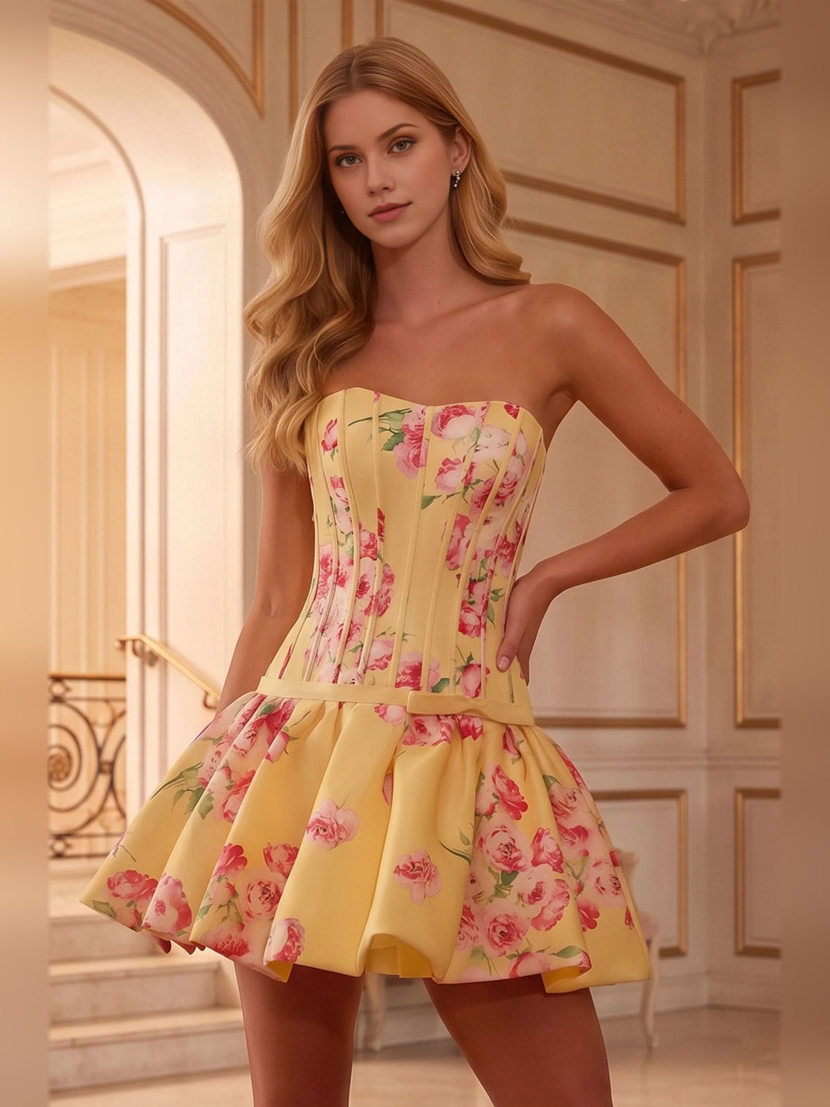 Yellow strapless satin mini dress with pink floral corset bodice and tiered pleats