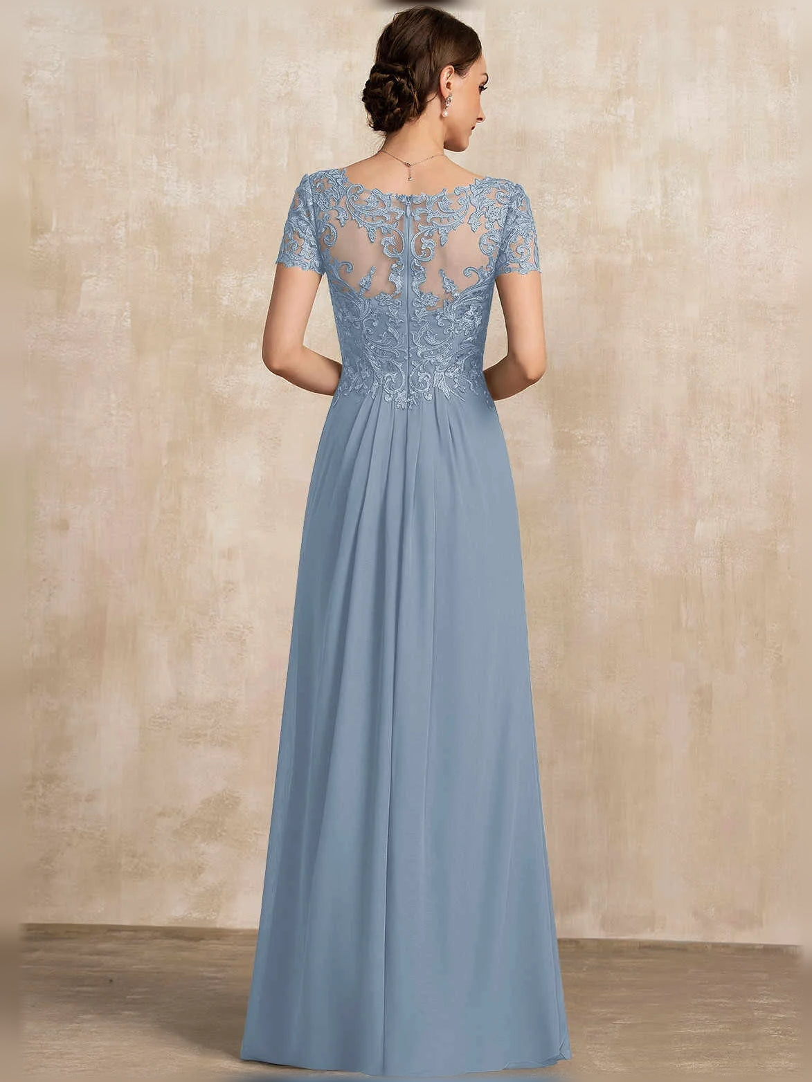Light blue back view chiffon A-line dress with lace cap sleeves and V-neck bodice