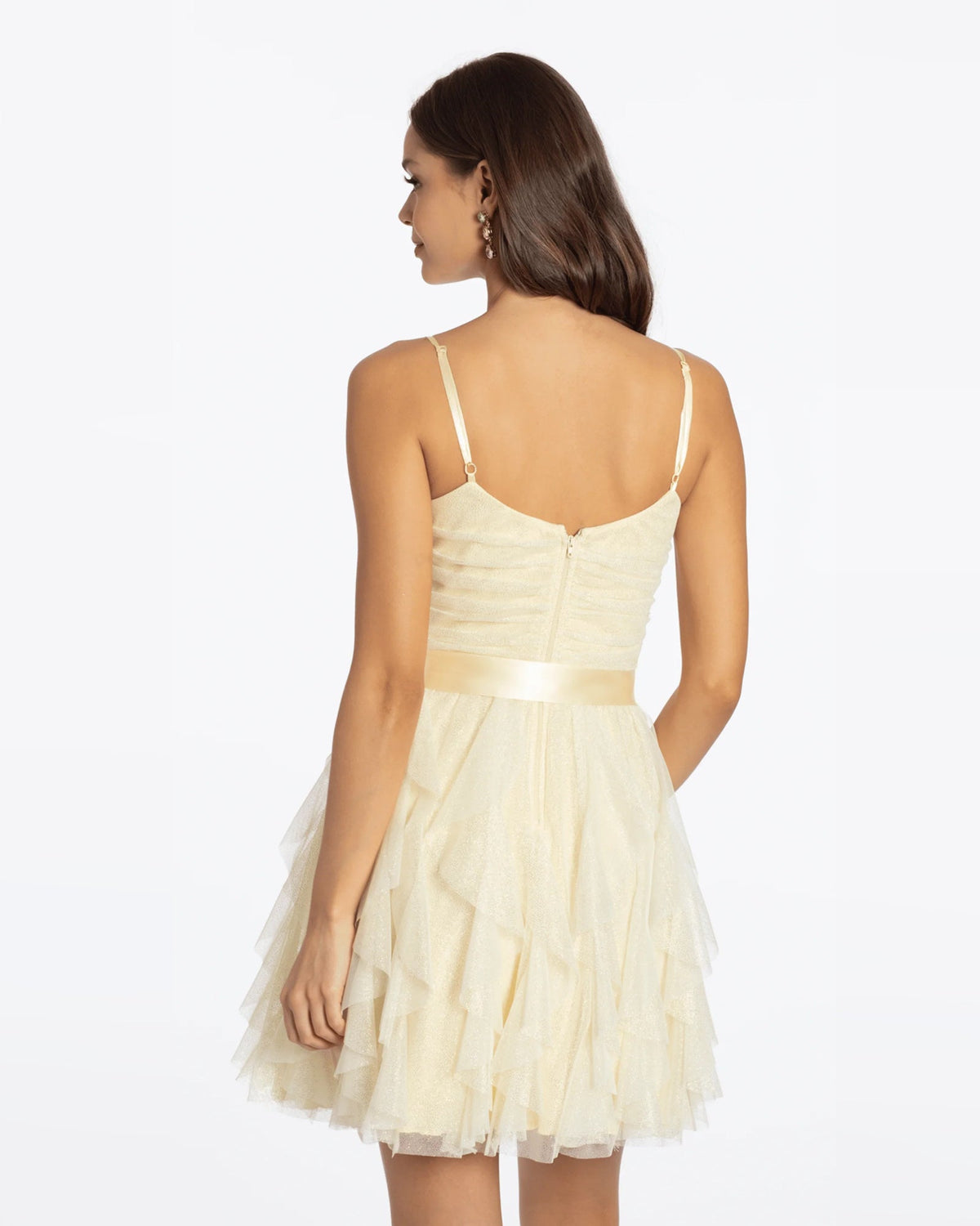Butter open-back spaghetti-strap fit-and-flare dress with tiered ruffle skirt and waist bow