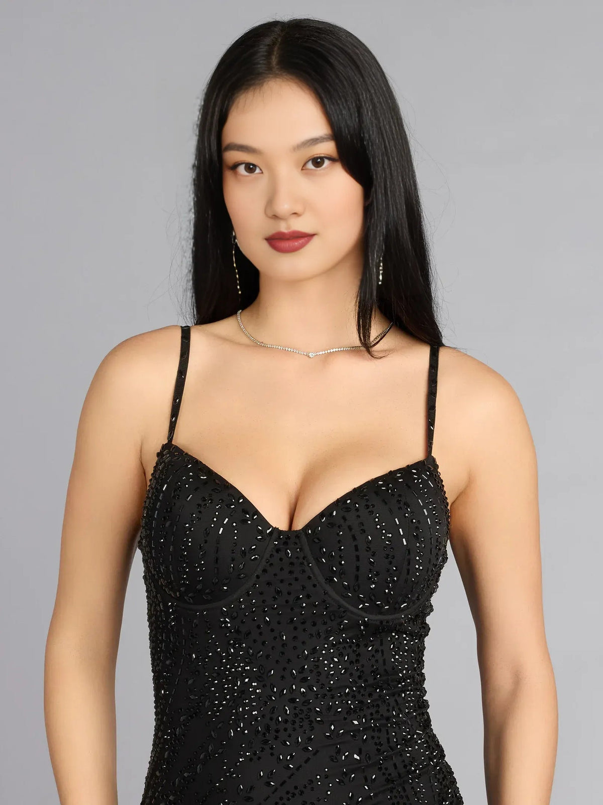 Black sequined sweetheart corset bodice with thin straps