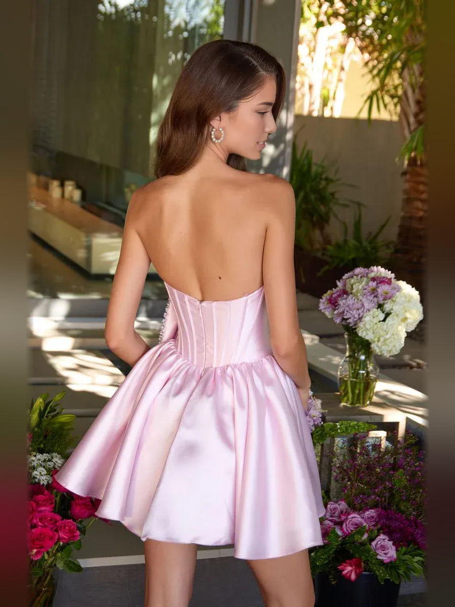 Blush pink strapless corset mini satin dress with rhinestone bow at waist, A-line skirt