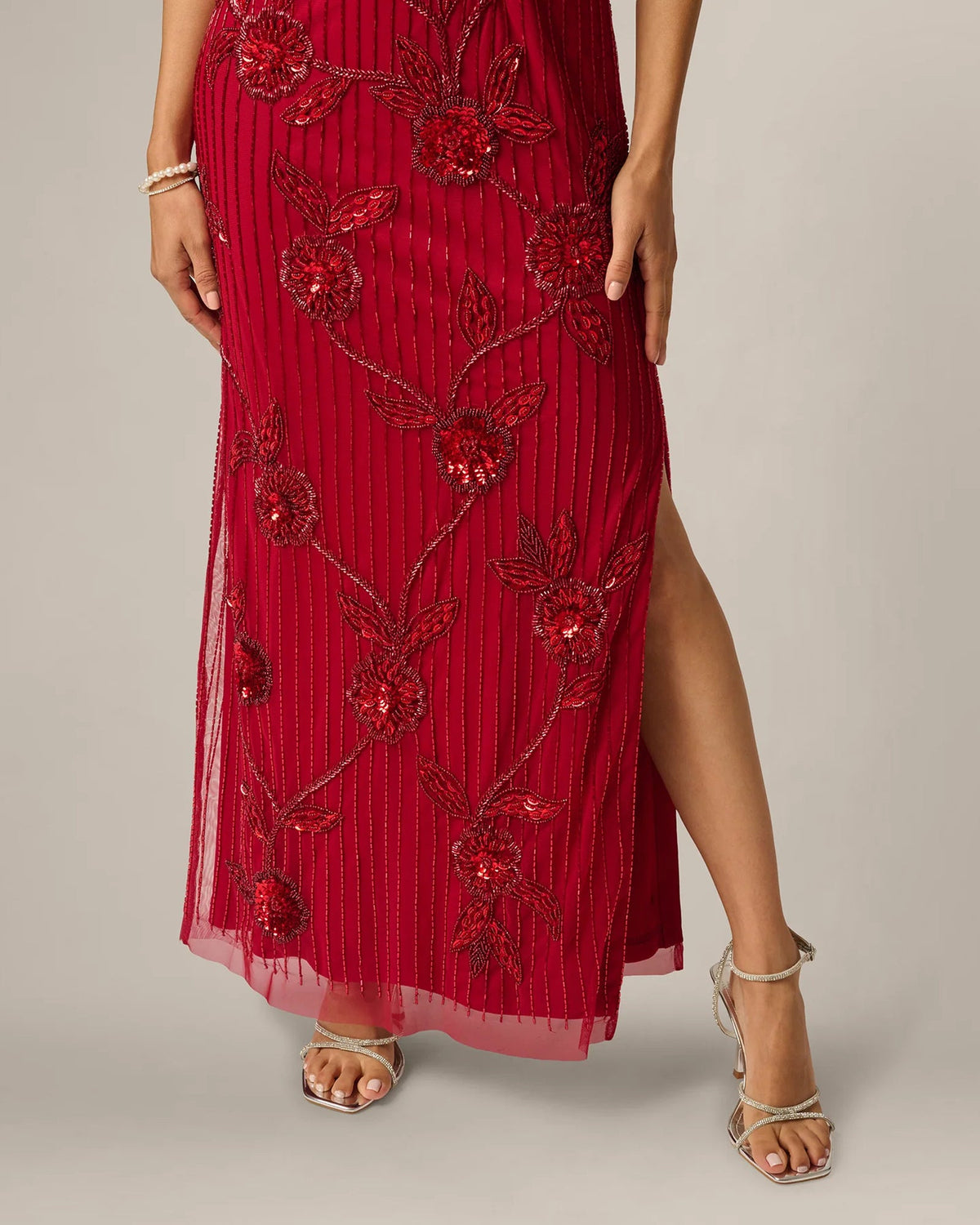 Cranberry red maxi sheath dress with floral sequin beadwork and side leg slit
