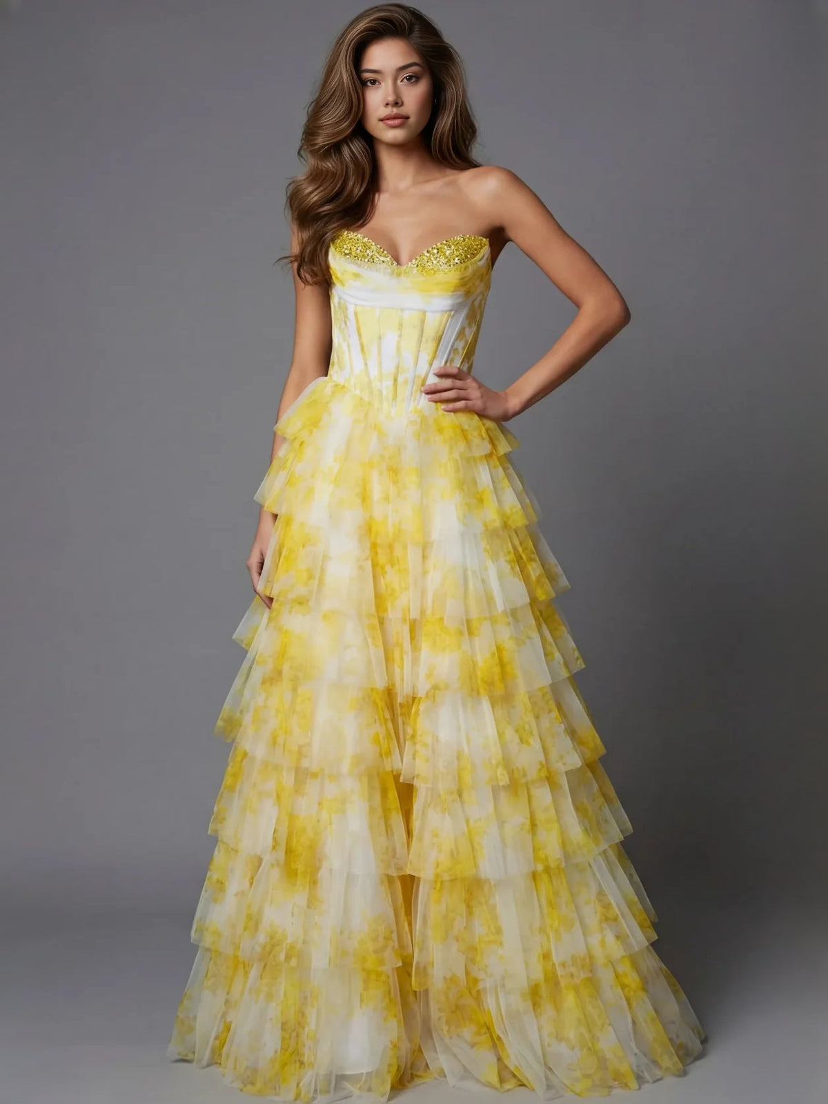 Yellow sweetheart corset A-line tulle prom dress with tiered ruffles, floor length