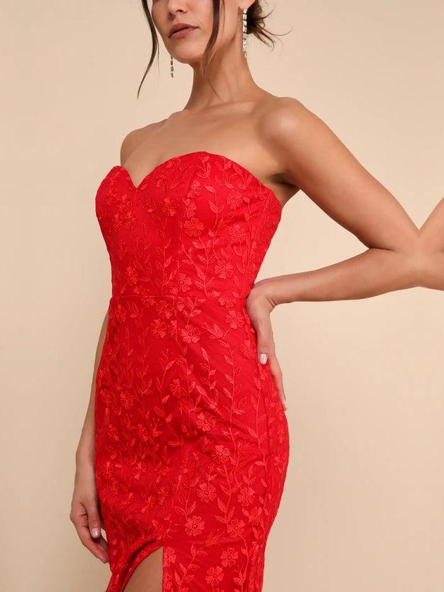 Red Floral mermaid maxi formal dress with floral print, alternate view