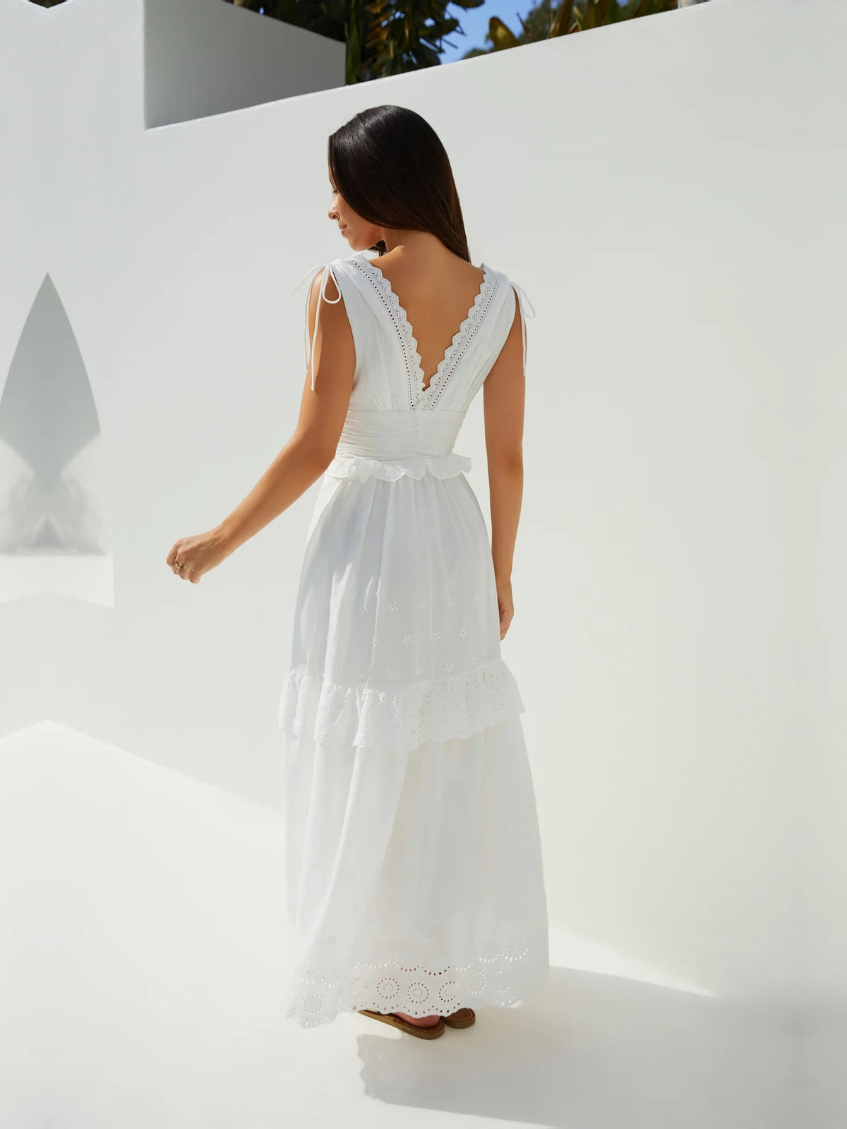 White a-line maxi formal dress with V-neckline, alternate view showing the waist