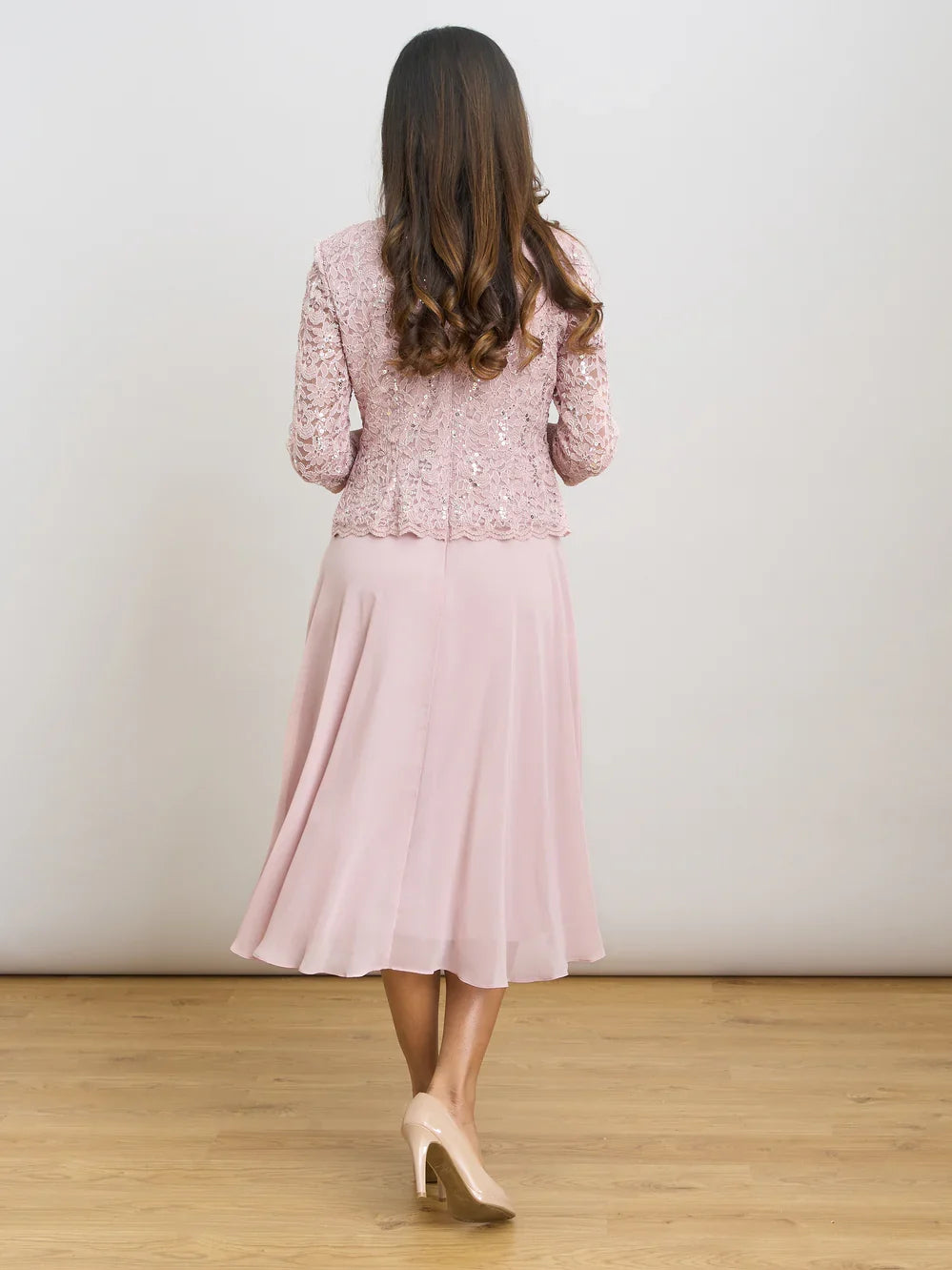 Dusty pink sequin A-line midi chiffon mother-of-the-bride dress, back view