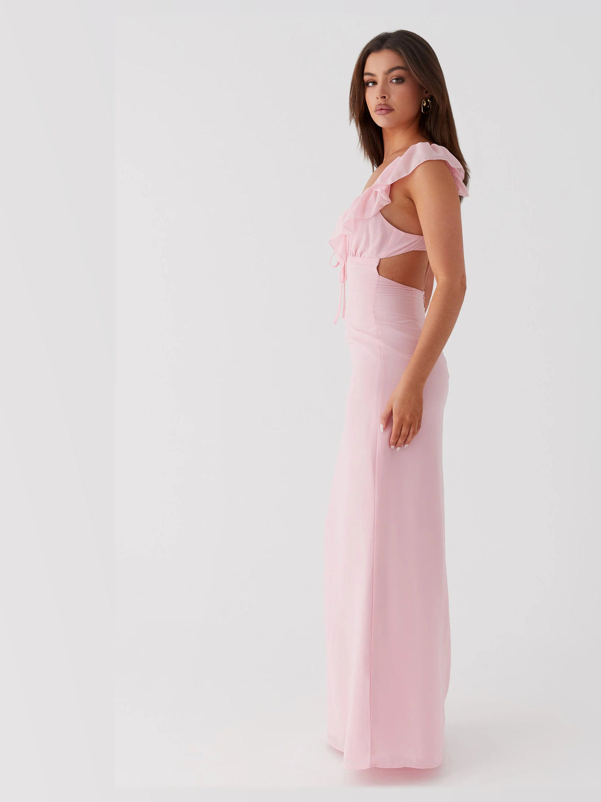 Pink maxi formal dress, alternate full-length view showing the skirt