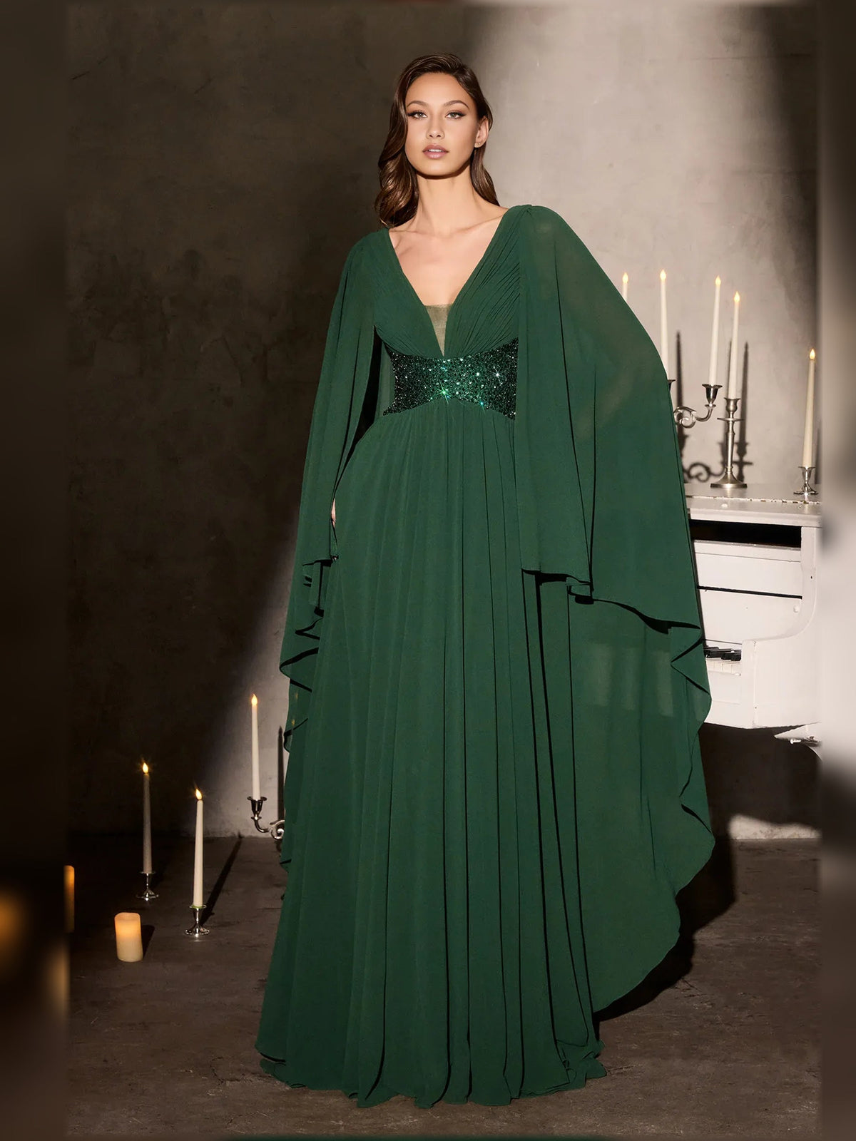 Dark green V-neck beaded A-line floor-length formal dress with sheer cape