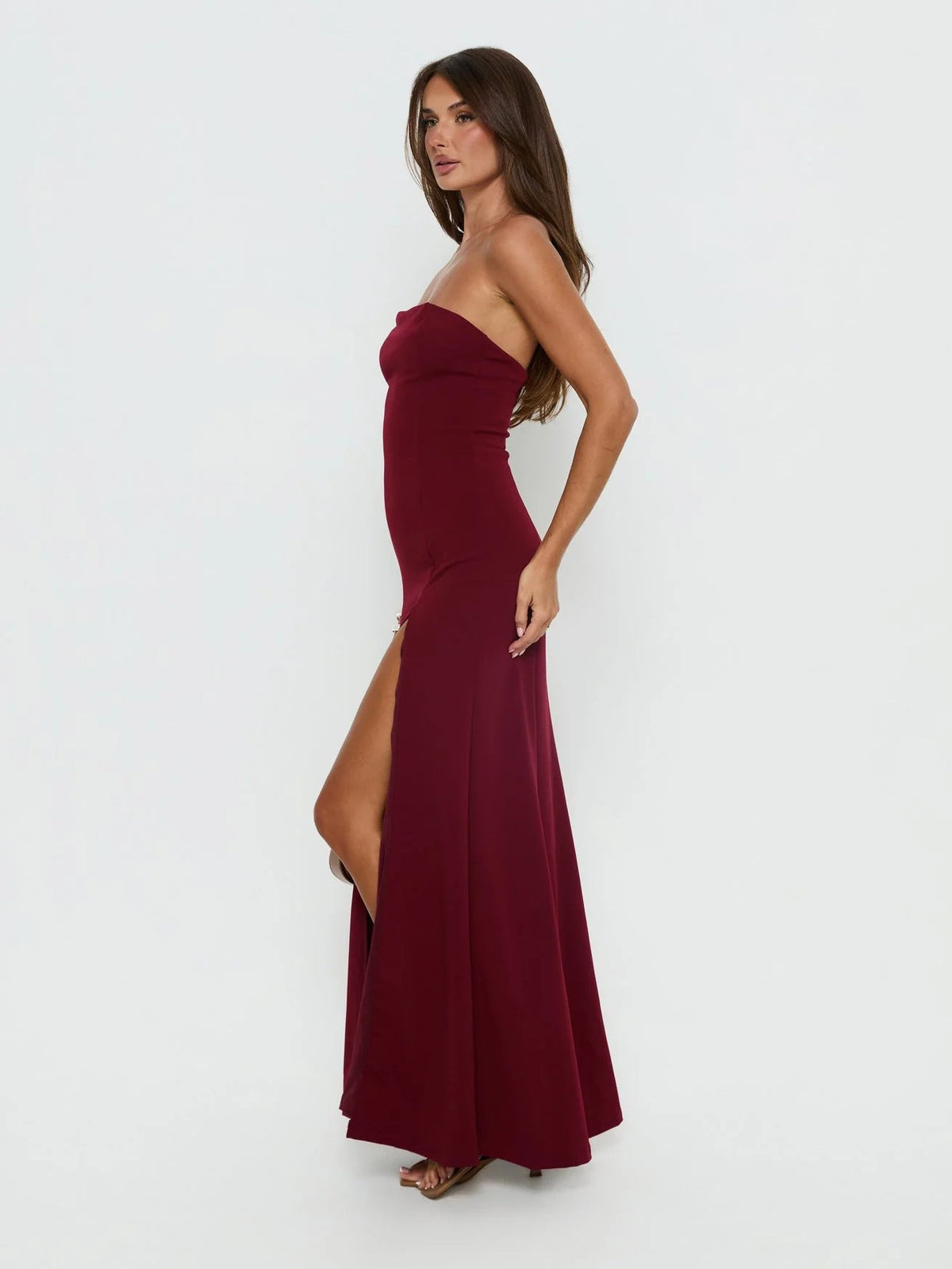 Burgundy formal dress with a-line detailing