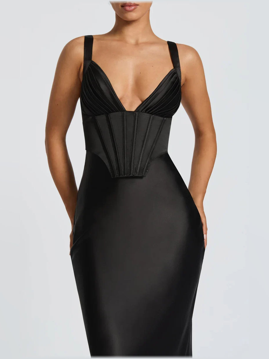 Black v-neck corset mermaid formal dress with structured corset-style bodice