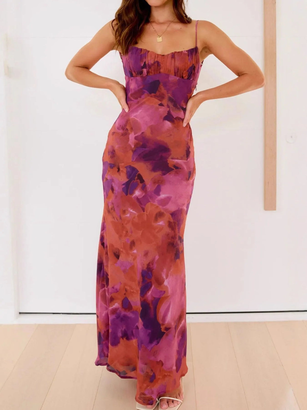 Orange Purple Floral Print sheath maxi formal dress with cutout detail, alternate full-length view showing the waist