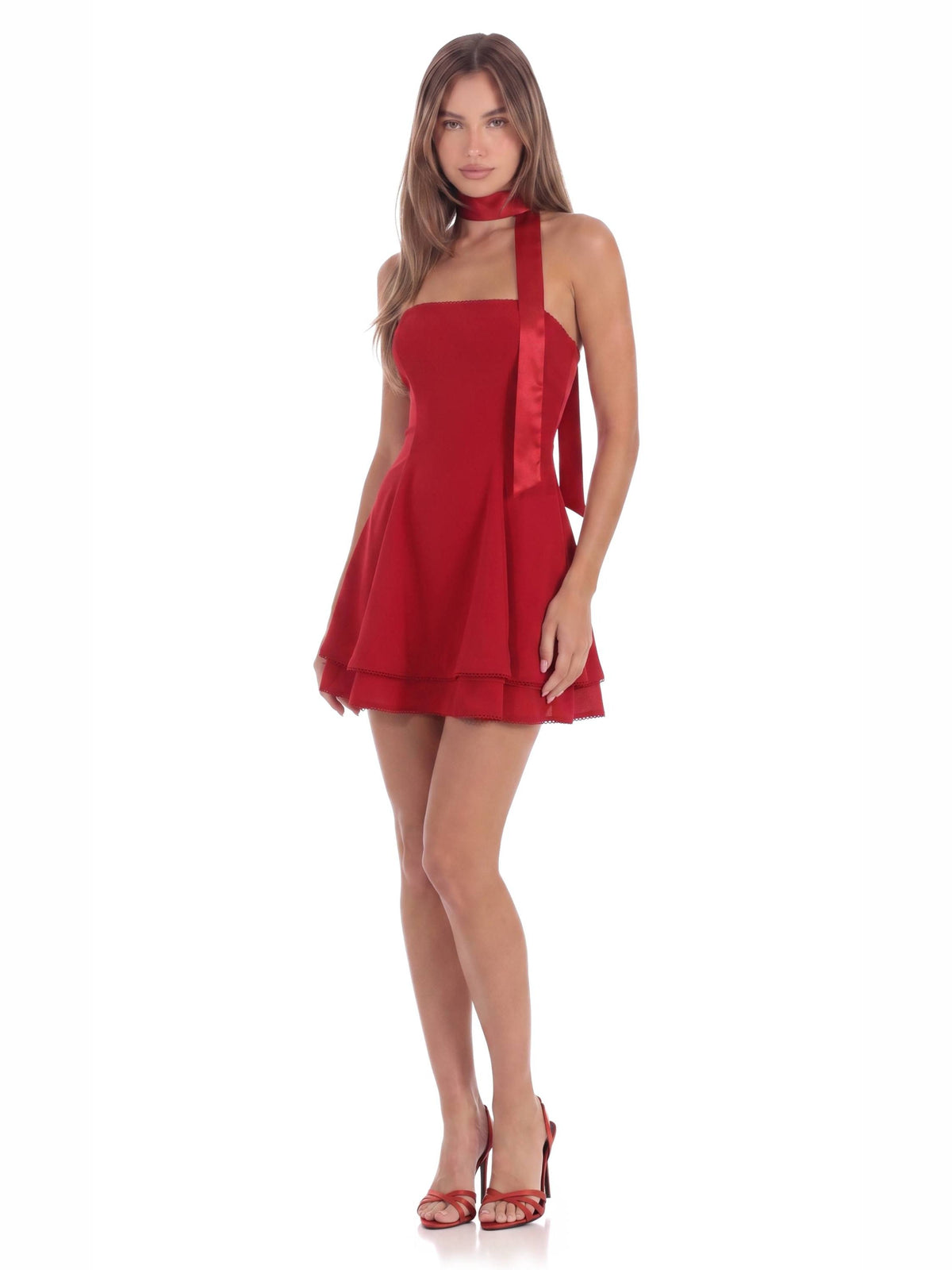 Red homecoming dress with a-line detailing