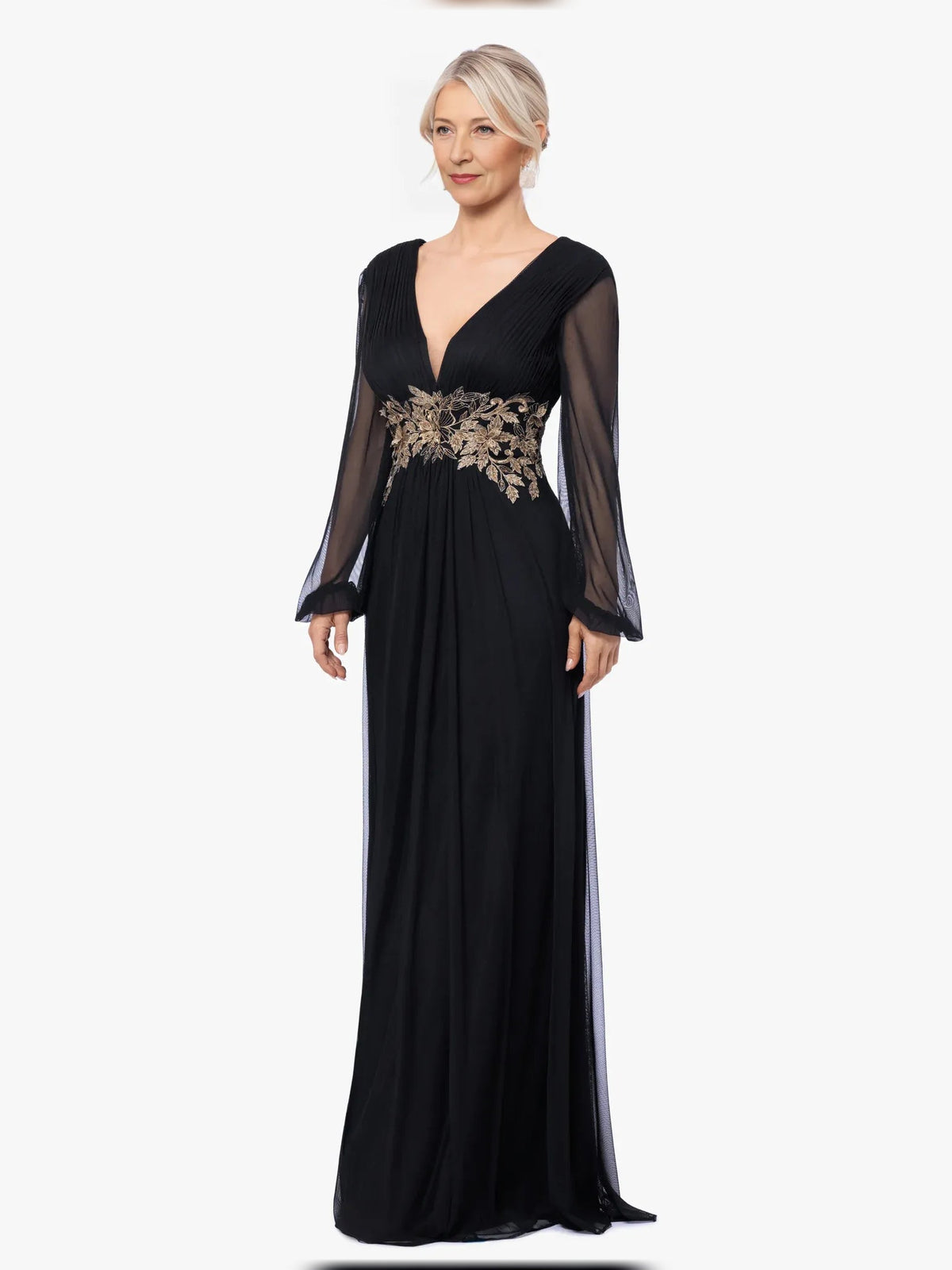 Black embroidered V-neck maxi dress with flowy A-line skirt and sheer sleeves