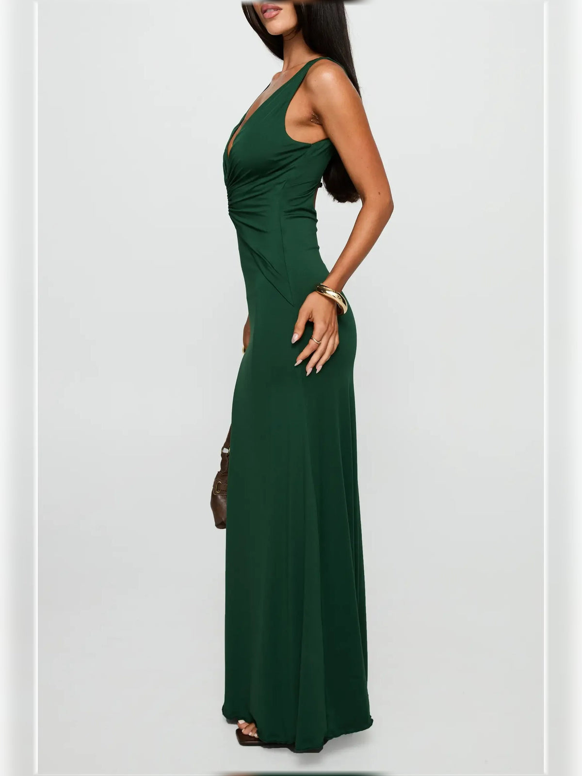 Forest green V-neck ruched formal maxi dress, side draped silhouette