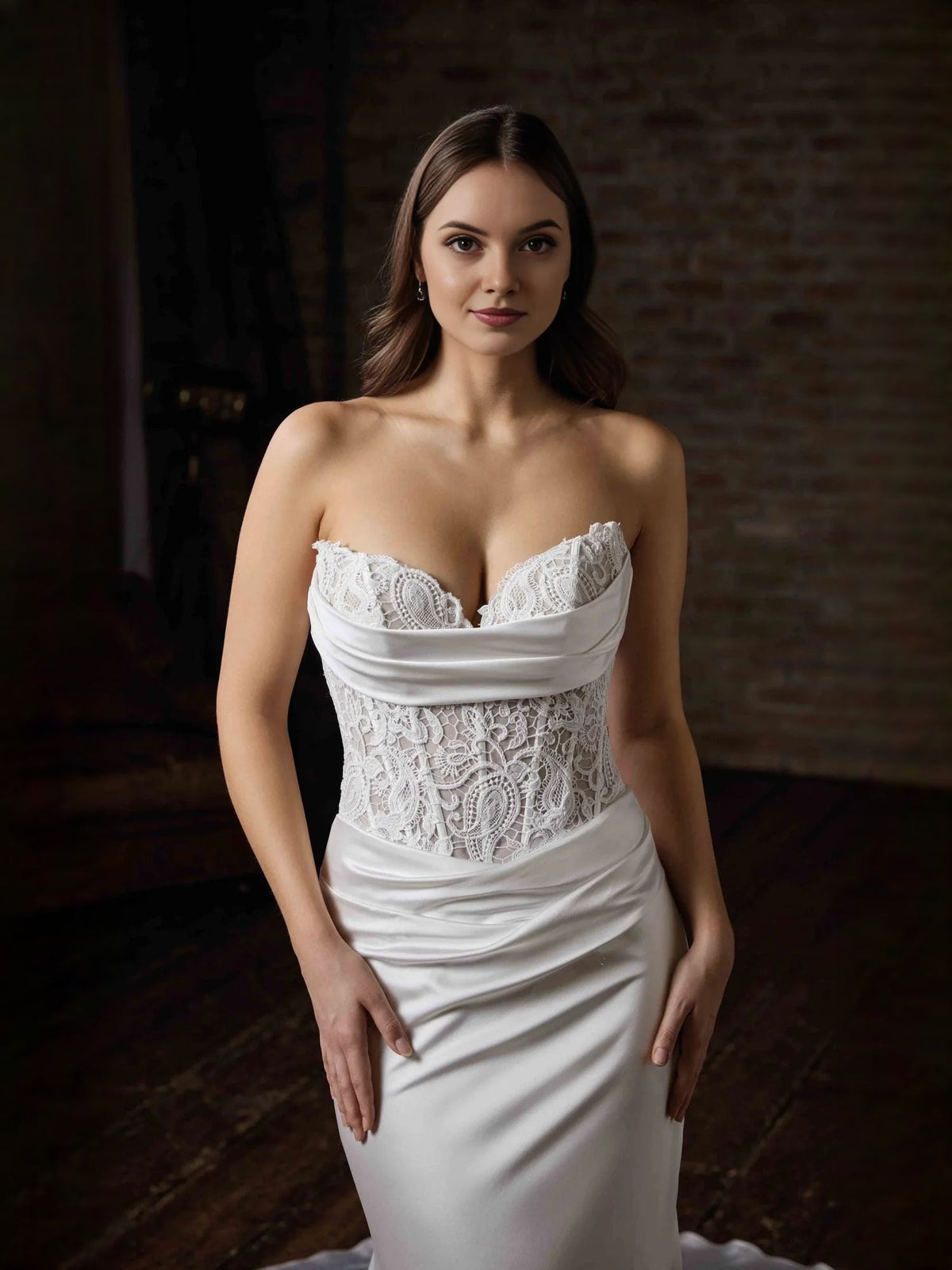 White satin sweetheart wedding dress with lace bodice and ruched drape at waist