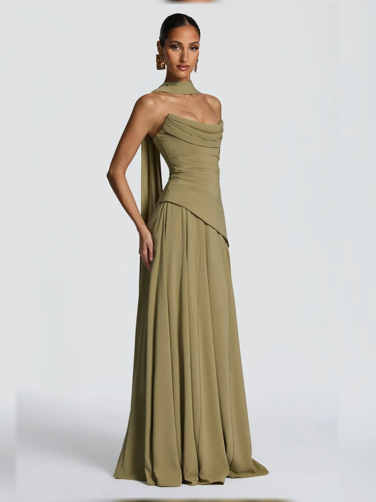 Dusty sage strapless corset formal dress with draped neckline and full floor-length skirt