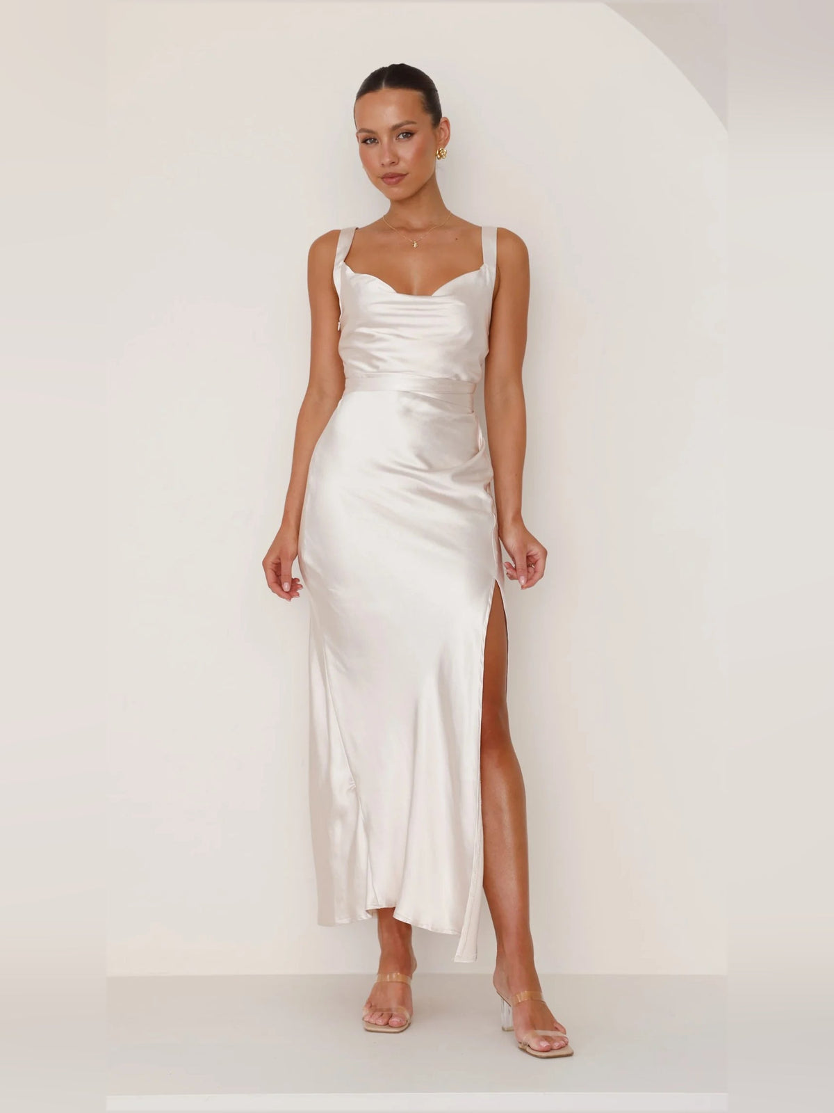 Champagne sheath maxi formal dress with skirt slit, alternate view showing the waist