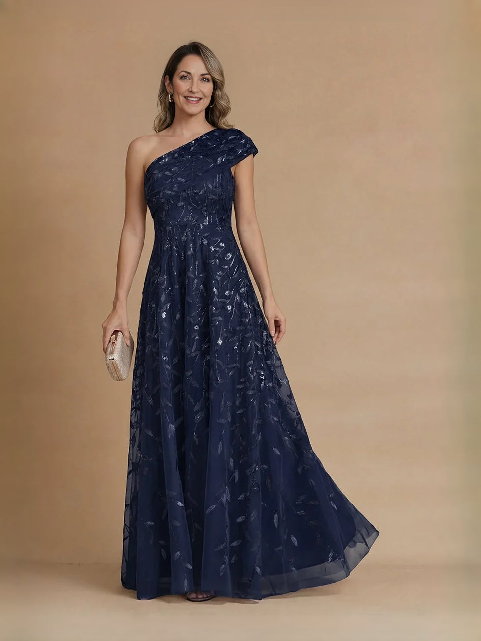 Dark navy one-shoulder maxi dress with draped bodice and embroidered A-line tulle skirt