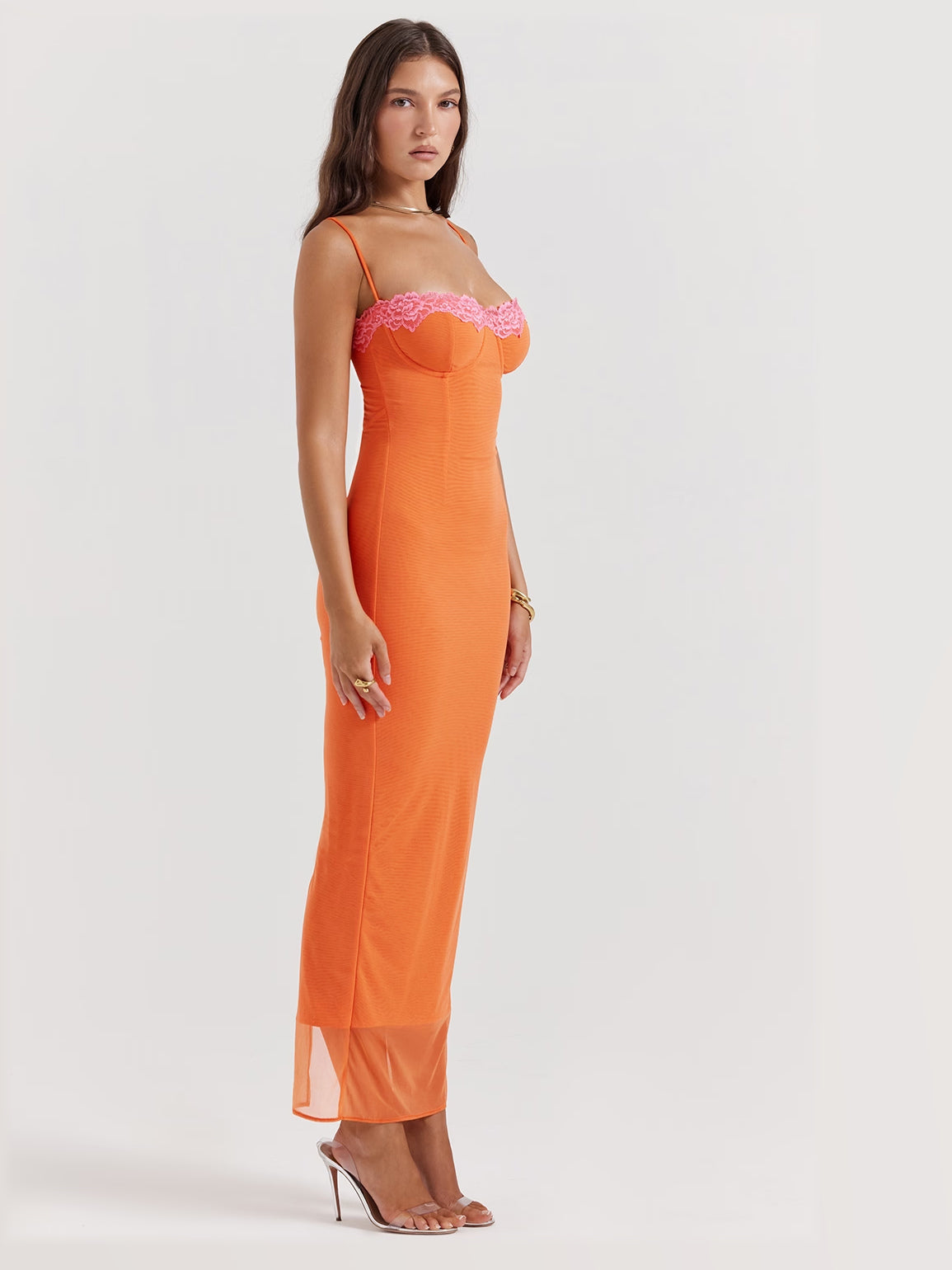 Orange midi formal dress, alternate full-length view showing the skirt