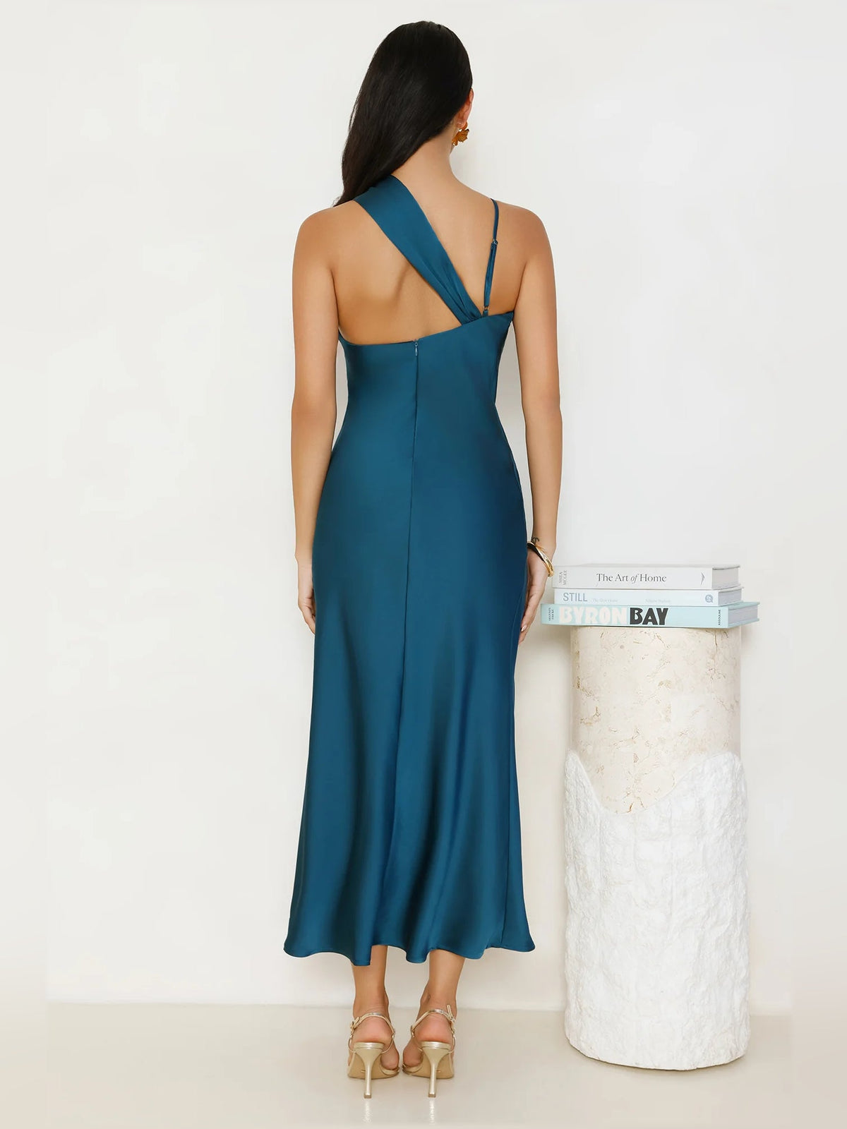 Teal satin midi formal dress, open back with crisscross halter straps