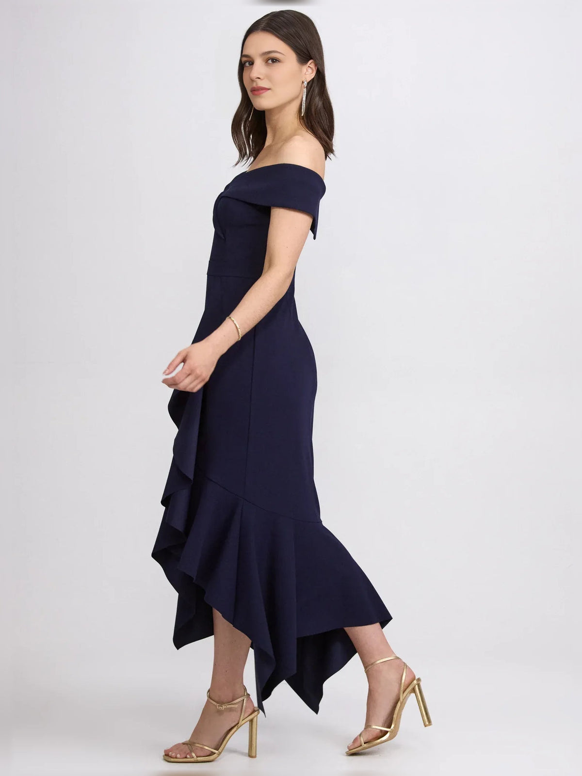 Dark navy off-shoulder midi dress with short sleeves and tiered asymmetrical hem