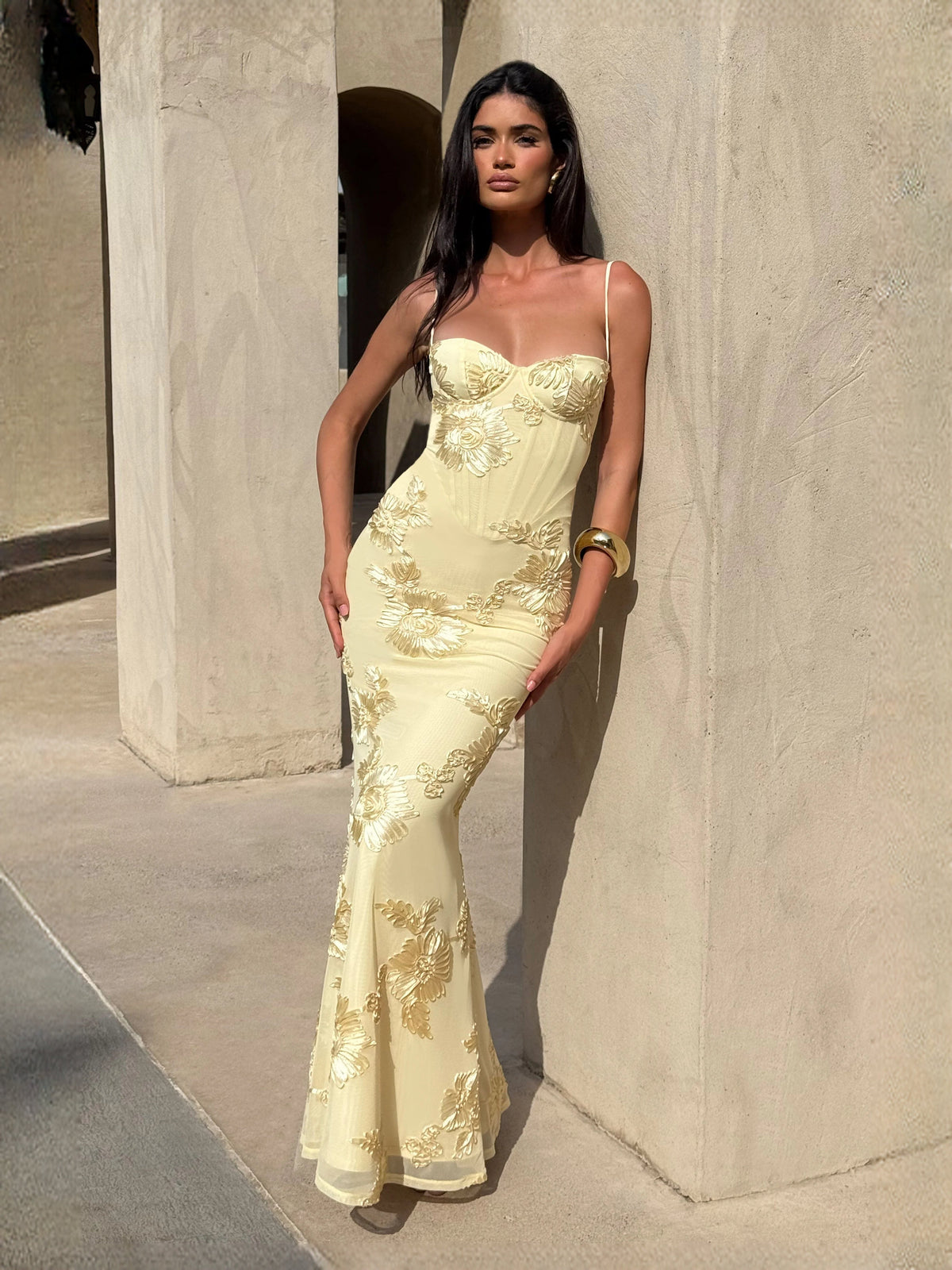 Champagne Gold mermaid maxi formal dress with floral appliqu¨¦, alternate full-length view