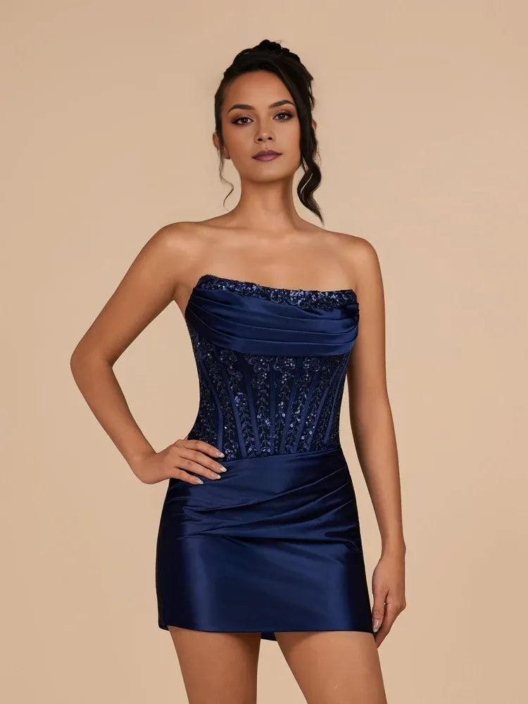 Navy satin strapless mini dress with gathered ruche detail and corset-style beaded panel