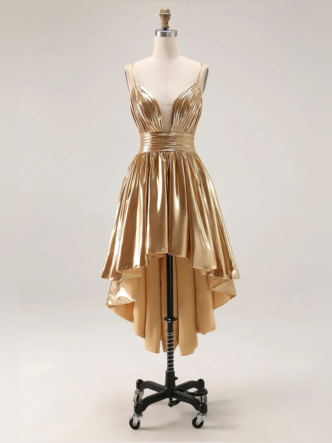 Gold metallic sleeveless high-low prom dress on mannequin with tiered flared skirt