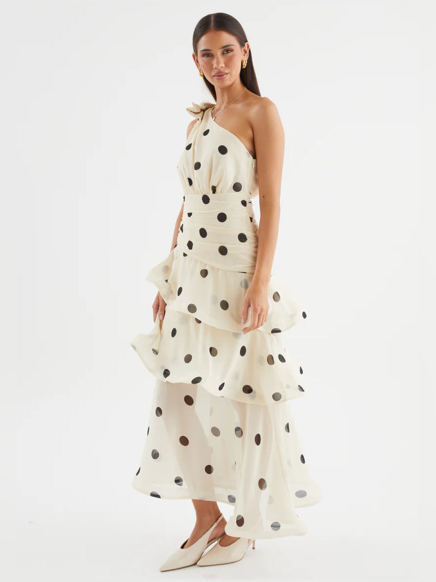 Ivory Black Polka Dot a-line maxi formal dress with printed pattern, alternate full-length view